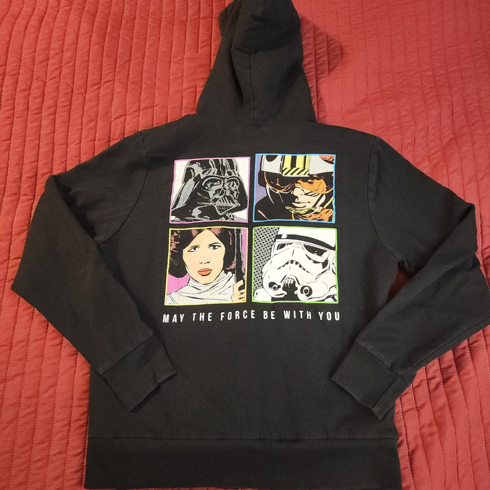 Star Wars Black Sherpa Lined Full Zip Hoodie Pop Art Back Graphic Junior Large